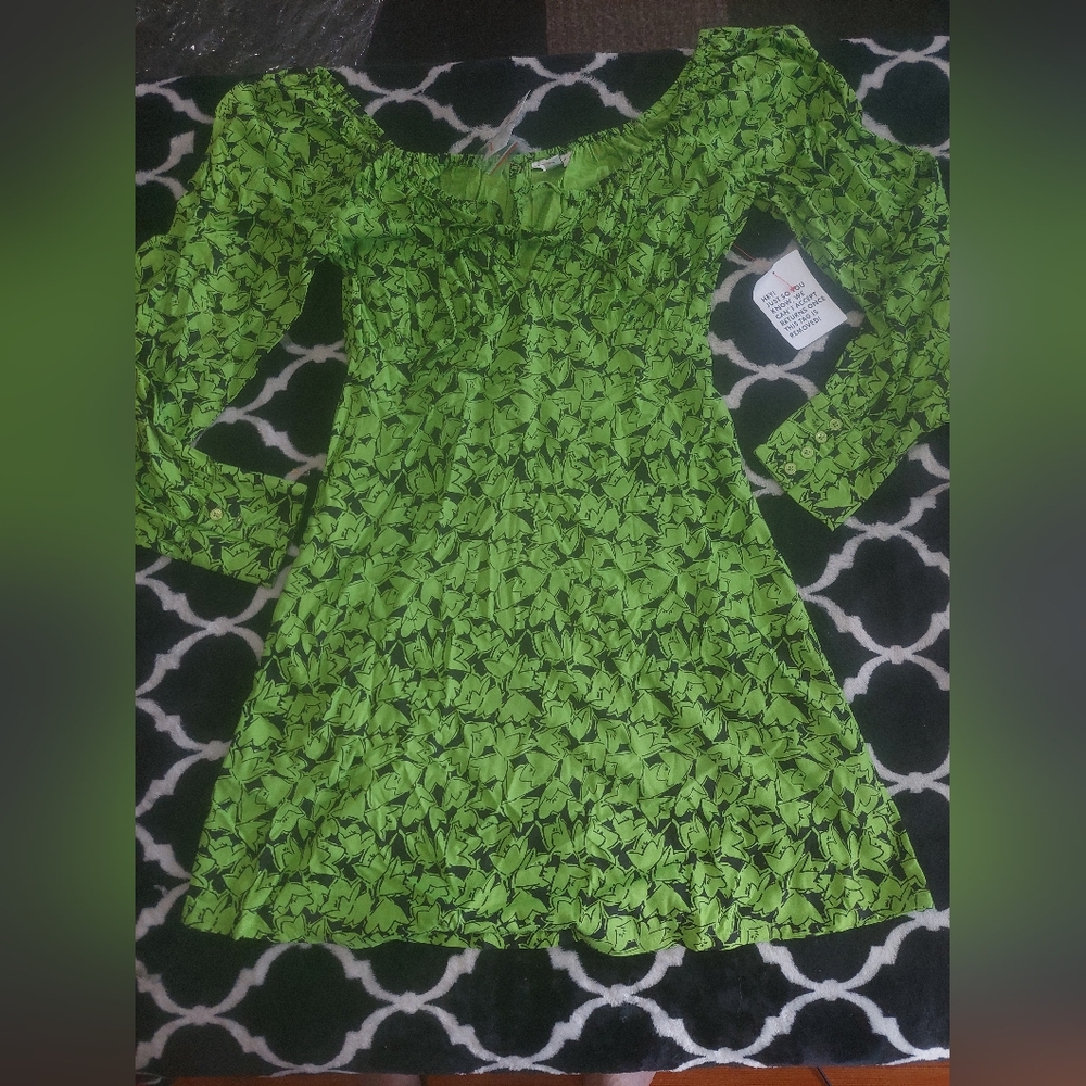 Topshop Green Smocked Long Sleeve Mini Dress